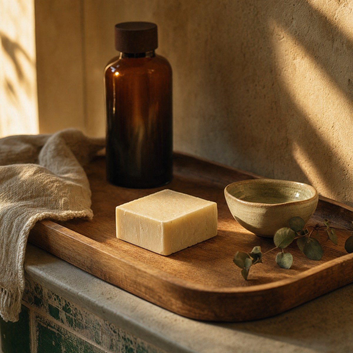 Plateau en bois avec savon artisanal, flacon ambré et bol en céramique, lumière chaude de fin de journée