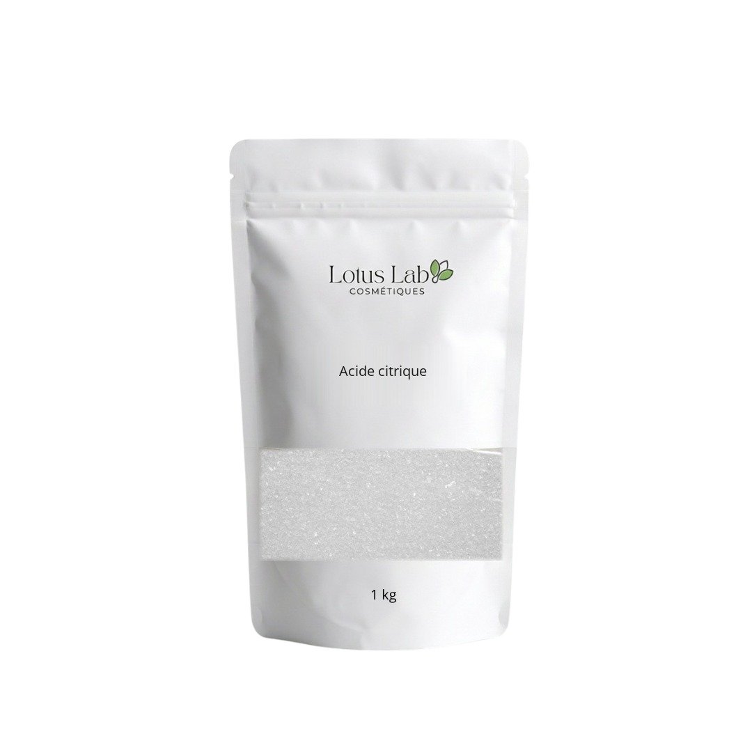 Acide citrique en vrac Sachet blanc d'acide citrique en cristaux en vrac, étiquette Lotus Lab Cosmétiques