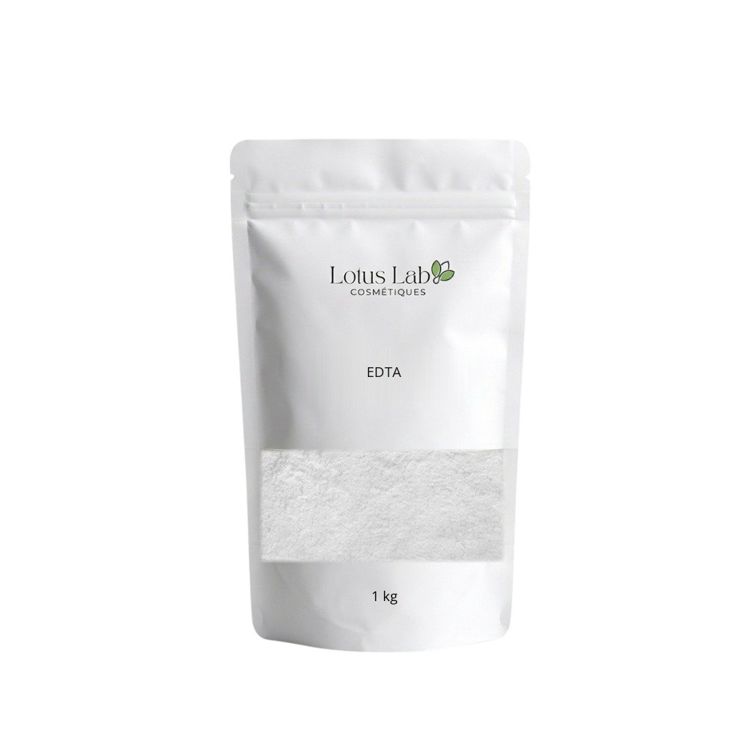 EDTA en vrac Sachet blanc d'EDTA en poudre en vrac, étiquette Lotus Lab Cosmétiques